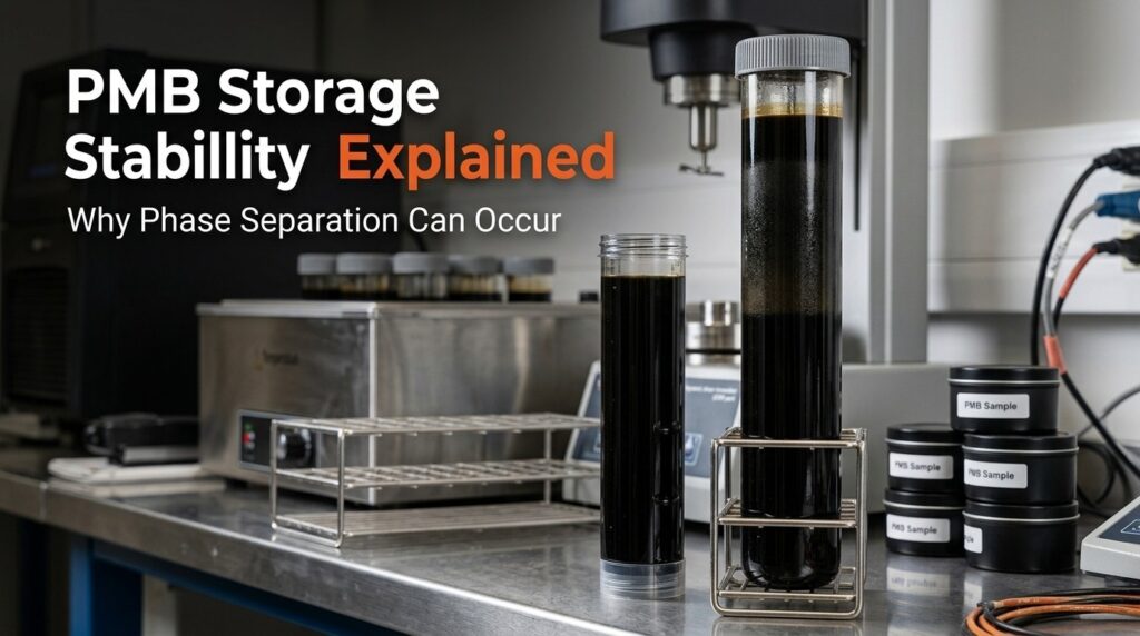 PMB storage stability showing polymer modified bitumen phase separation during hot storage