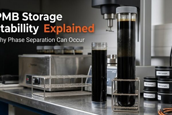 PMB storage stability showing polymer modified bitumen phase separation during hot storage