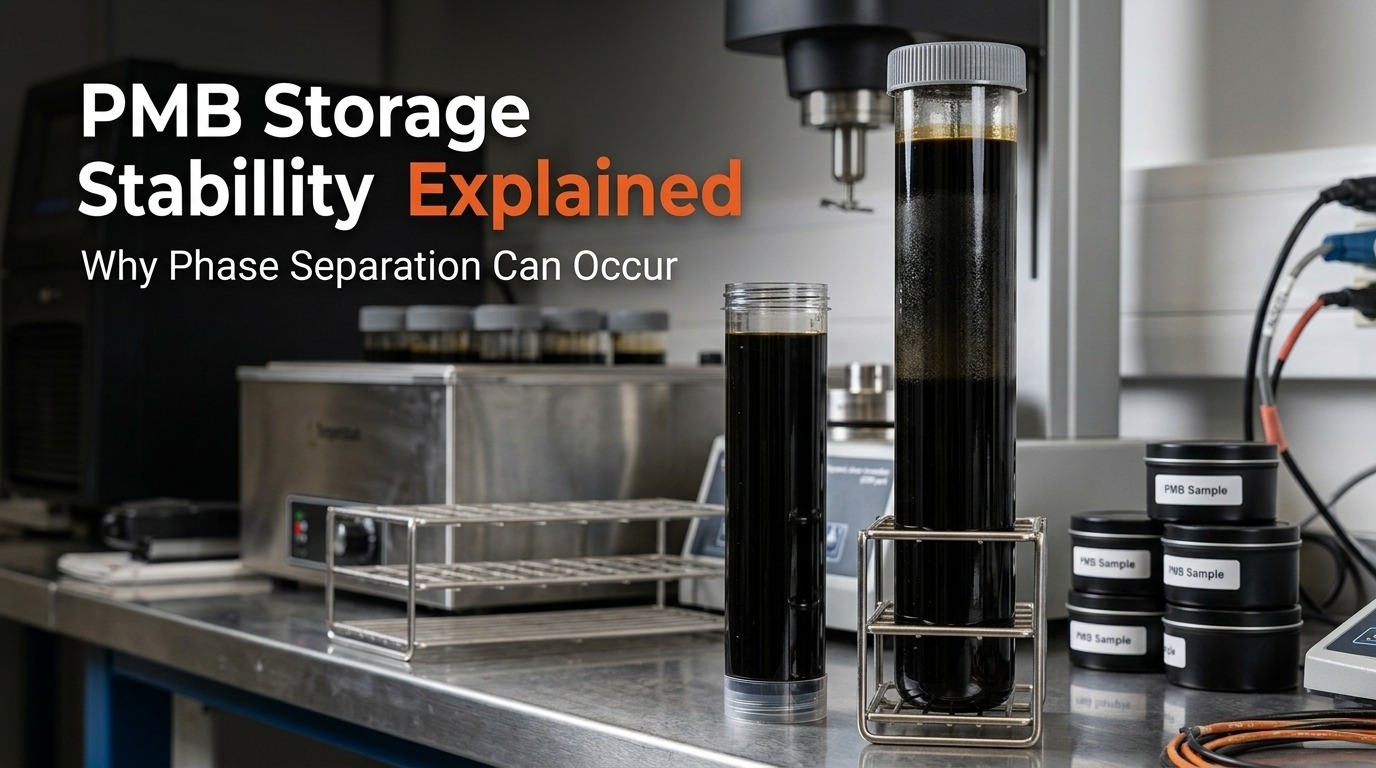 PMB storage stability showing polymer modified bitumen phase separation during hot storage